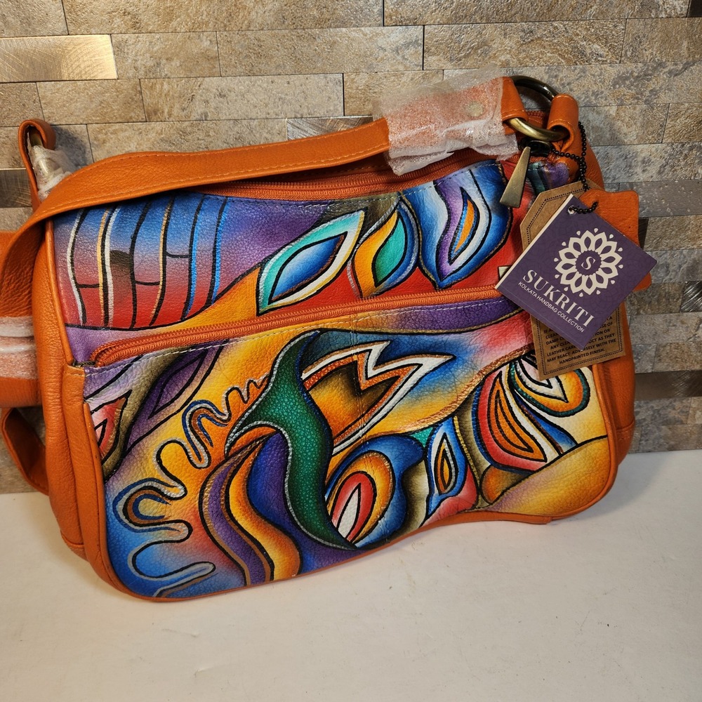Sukriti Hand Painted Genuine Leather Crossbody Bag Orange Abstract Art New